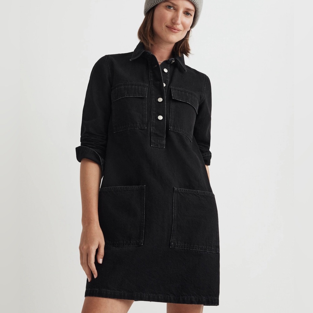 Madewell Black Denim Popover Mini Shirtdress Size Medium